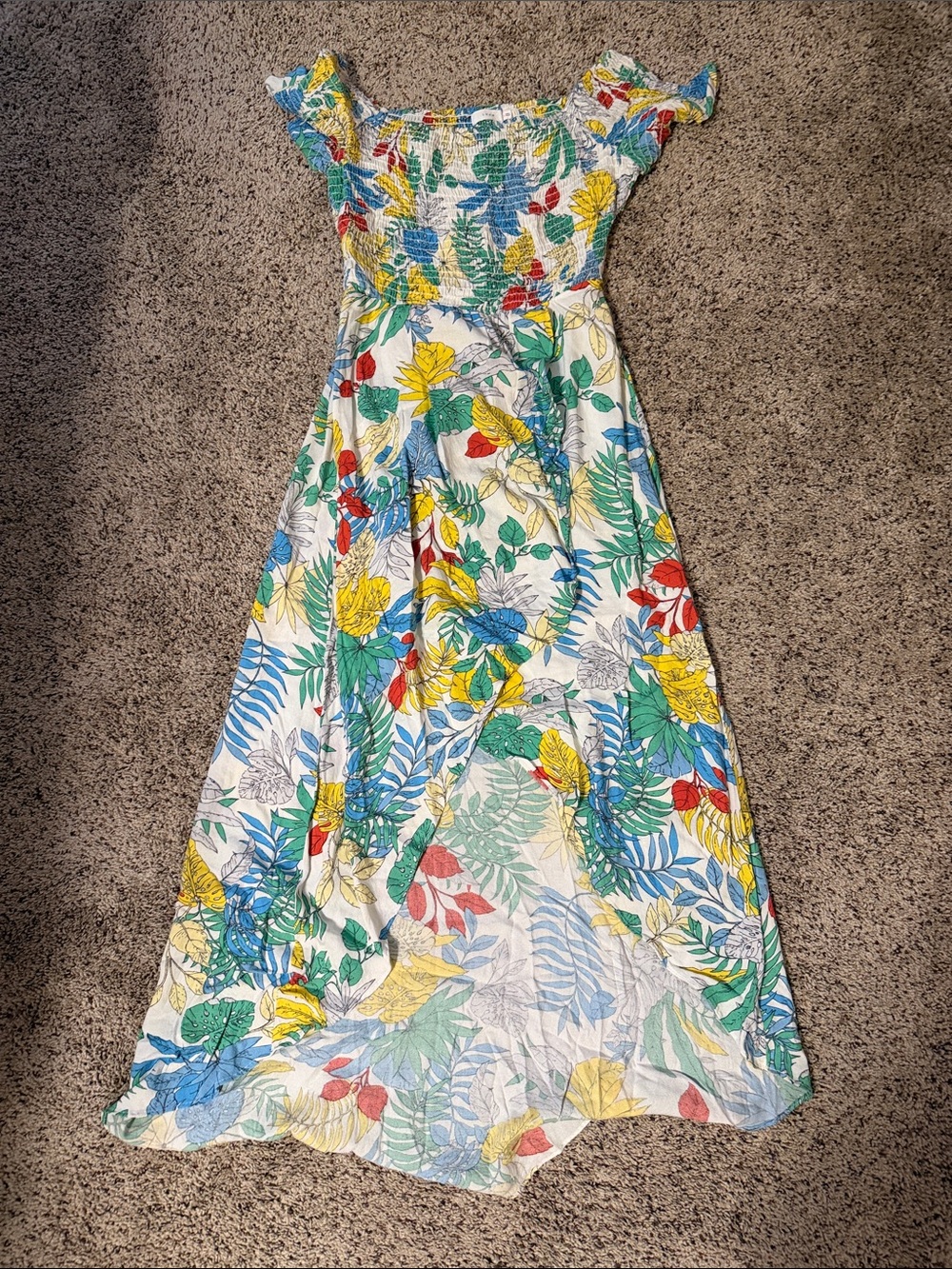 Lush White Tropical Floral Maxi Dress with Blue, Yellow & Green